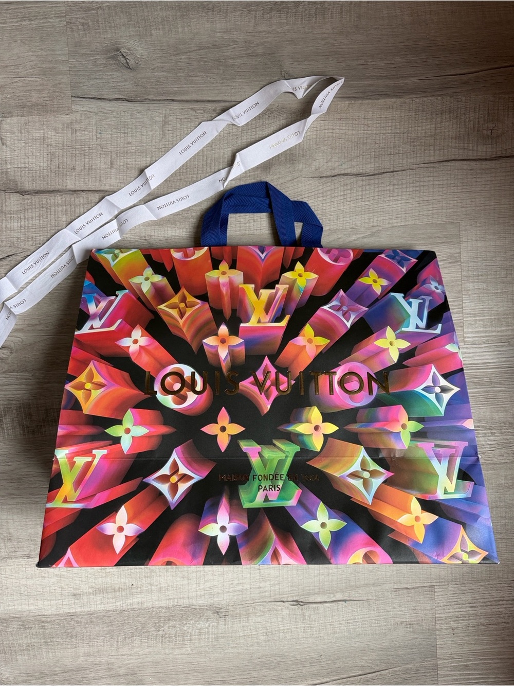 Louis Vuitton LV multi colored XL gift bag white gold ribbon